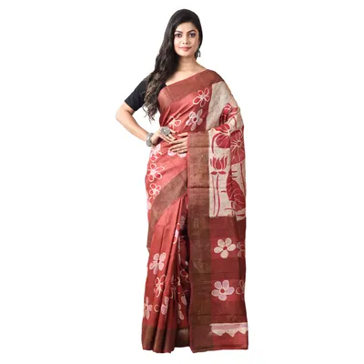 3stones | Handwoven | Hand Batik | Pure Silk | Saree and Blouse Piece | Silk Mark | Red and Cream | GCMZT15
