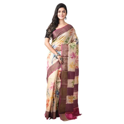 3stones | Handwoven | Hand Batik | Pure Silk | Saree and Blouse Piece | Silk Mark | Cream and Pink | GCMZT14