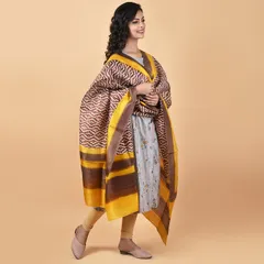 3stones | Handwoven | Hand Block | Pure Silk | Dupatta | Silk Mark | Brown and White | GCA12