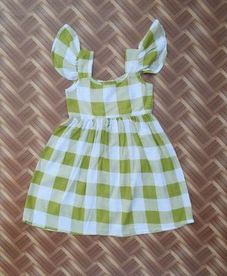 Olive checked frill sleeve dress with front buttons