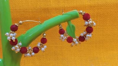 Silk Thread Red Colour Hoop Earrings with Pearls 0026