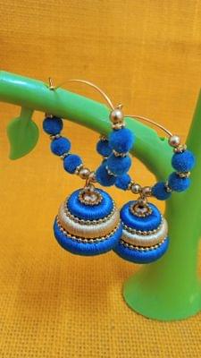 Thread Trends Blue Silk Thread Jhumkas Beads Dori Hoop Earrings for Women 0030