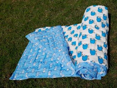 Blue and white sheep and cow design 100% cotton hand block printed kids quilt.