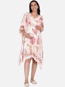 The Kaftan Company-Pink flora and abstract maternity kaftan dress with ruffle detail and feeding zipper