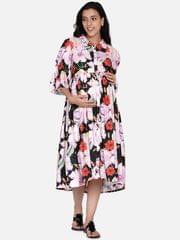 The Kaftan Company-Green and Pink Floral Maternity Dress With Button Detail and Gathered Sleeves