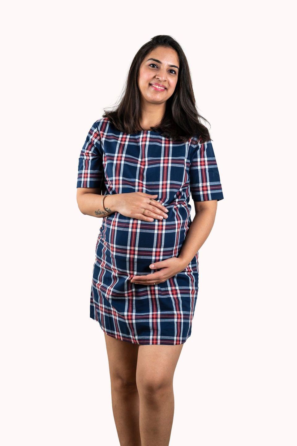 Chicmomz Folded Sleeves Check Short Maternity Dress in Blue Checks