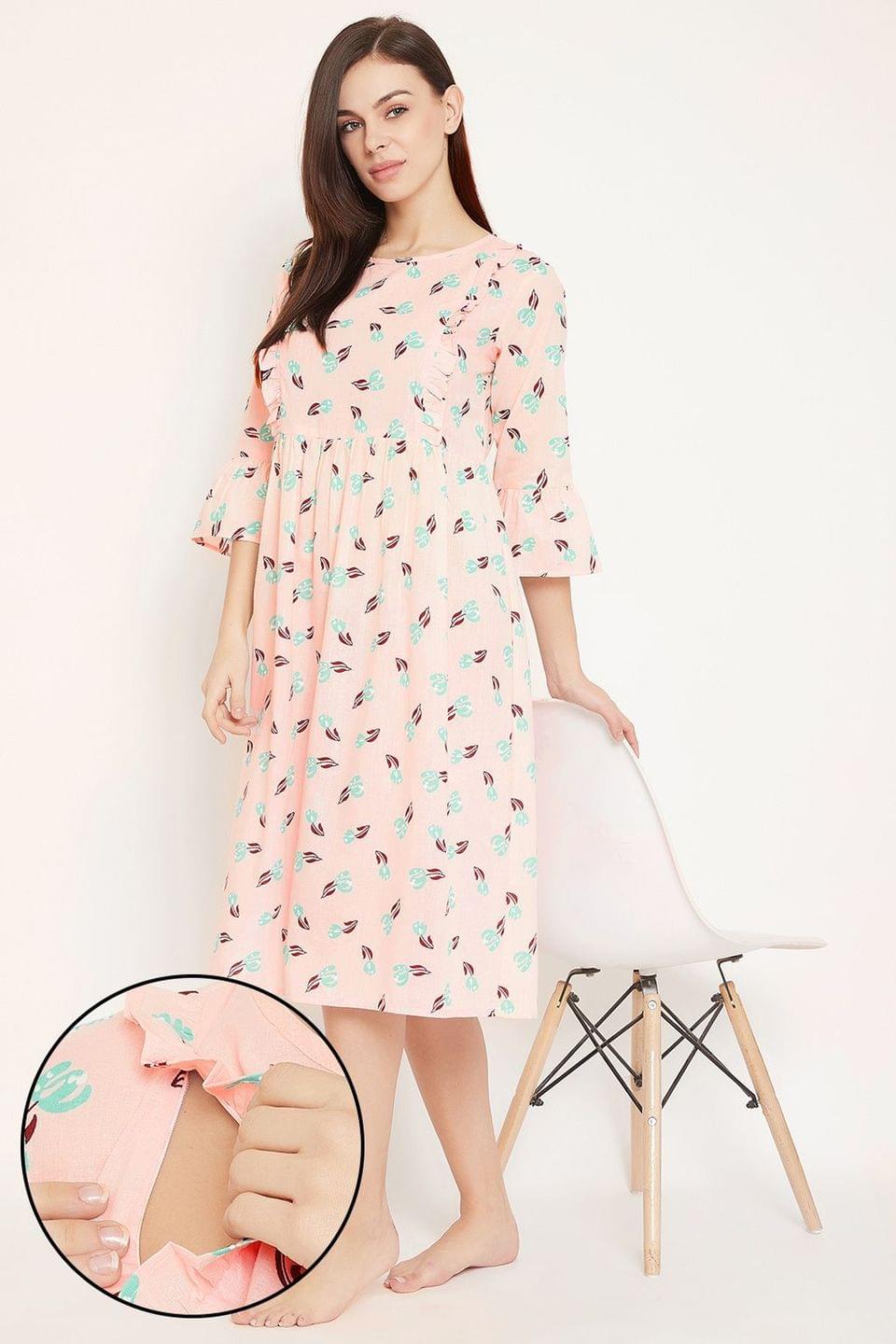 Clovia Feeding Print Me Pretty Mid Length Night Dress in Peach Pink -100% Cotton