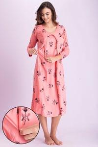 Clovia Pretty Florals Mid Length Feeding Night Dress in Pink - Rayon