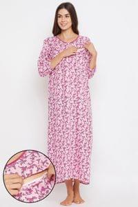 Clovia Feeding Print Me Pretty Long Nighty in Light Pink - 100% Cotton