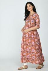 Mometernity Orange Floral Cotton Maternity & Nursing Kurta