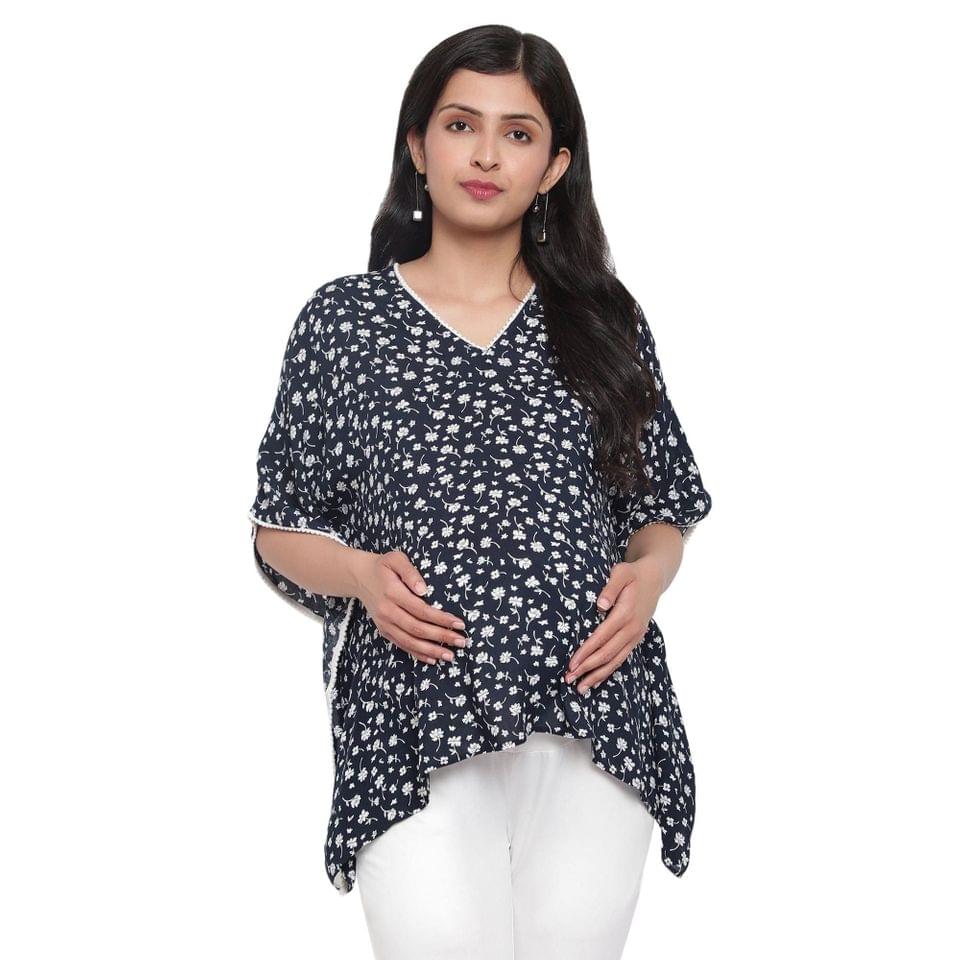 Mometernity Navy White Floral Maternity Kaftan Top