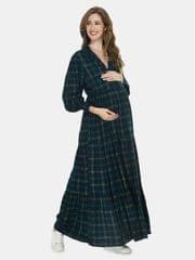 Mometernity Green Lurex All Over Check Print Maternity Nursing Maxi Dress