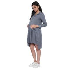 Mometernity Asymmetric Grey Button Down Maternity & Nursing Shirt Dress
