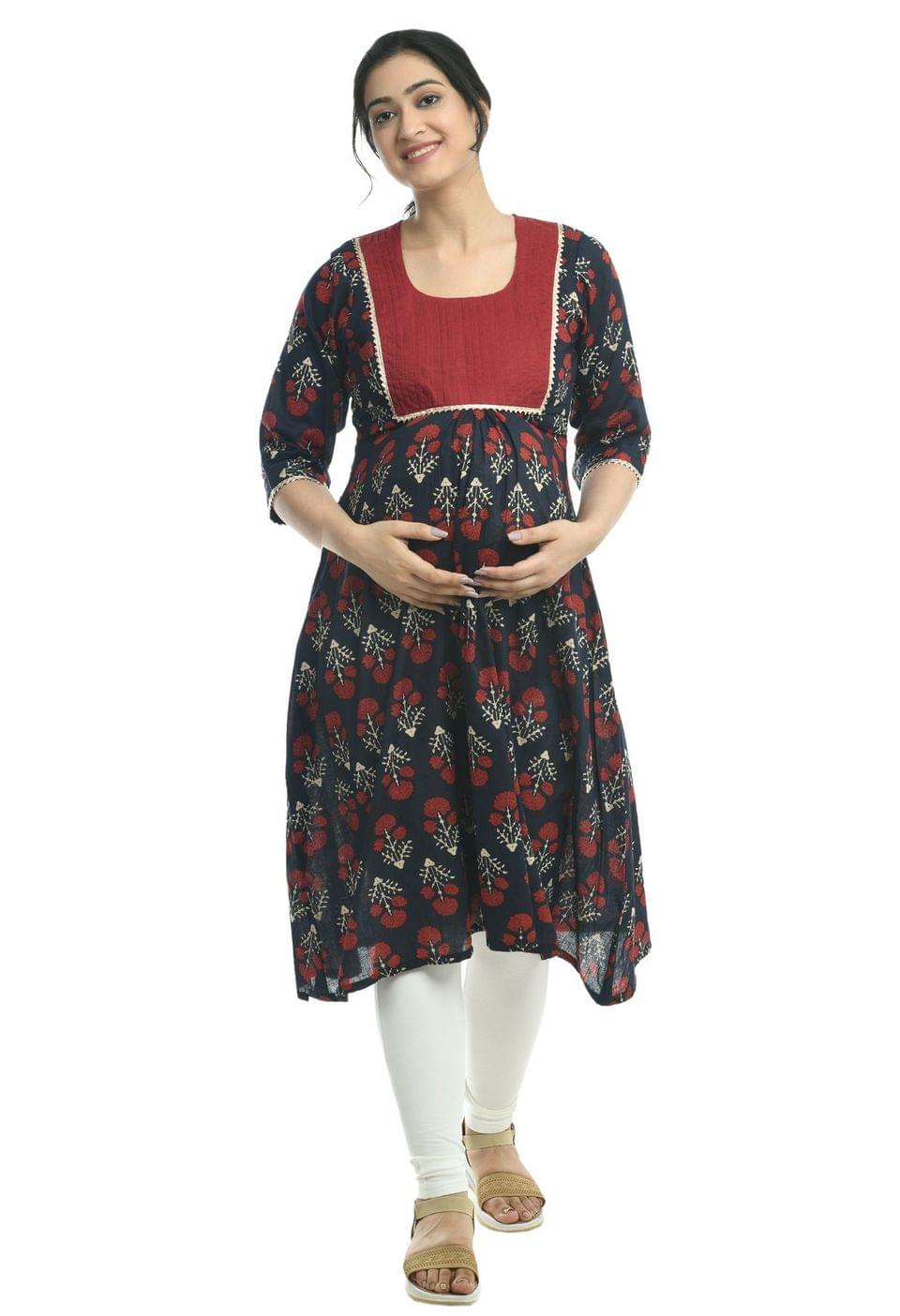Mometernity Navy Maroon Pintex Maternity & Nursing Kurta
