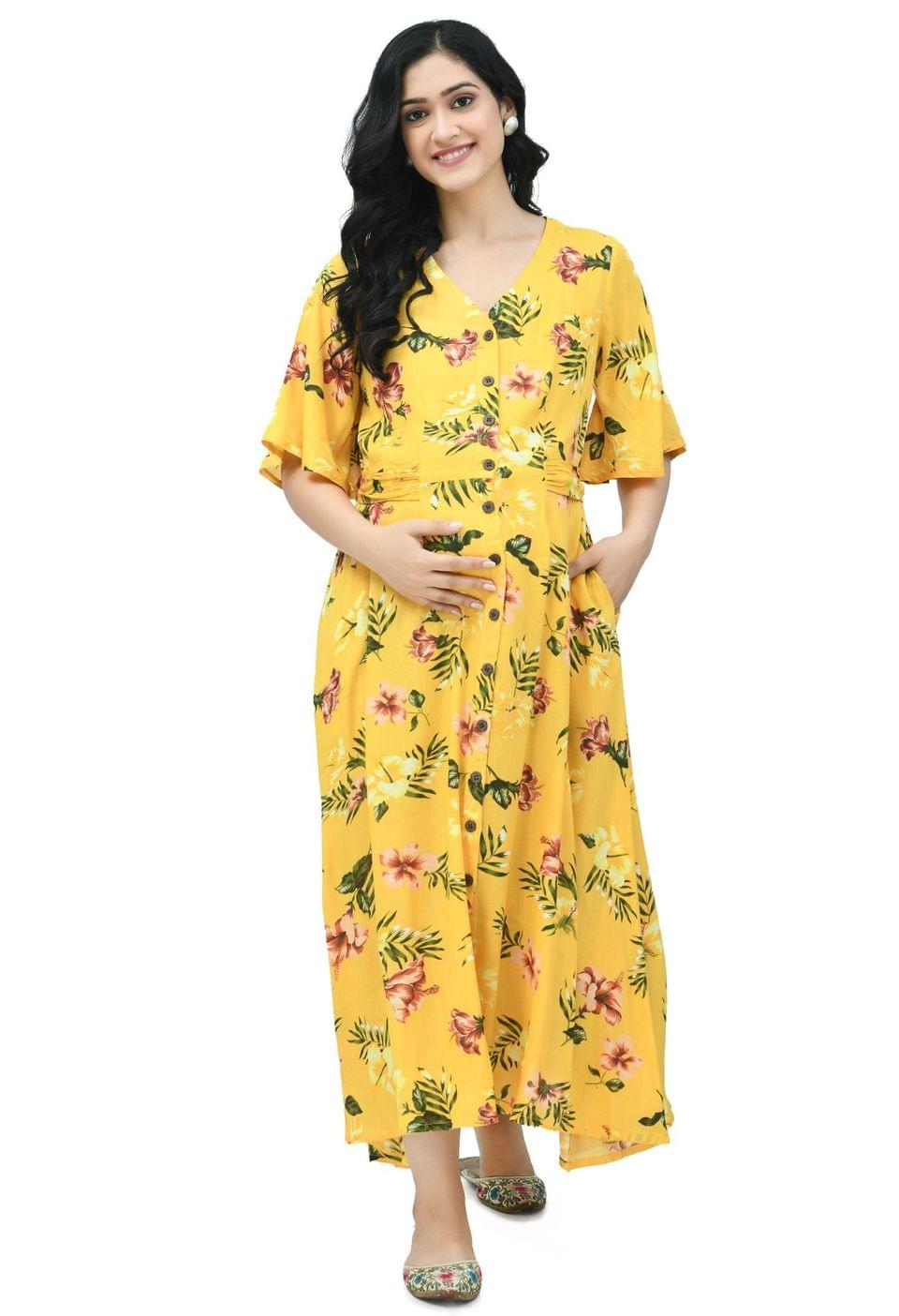 Mometernity Yellow Floral Tropical Print Maternity and Nursing Dress