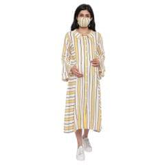 Mometernity Yellow White Striped Ruffle Sleeves Maternity & Nursing Dress