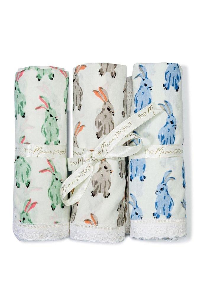 The Mama Project Honey Bunny Organic Muslin Swaddle Sheet Gift Bundle- Pack of 3