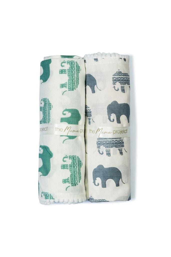 The Mama Project Elephant Parade Organic Muslin Swaddle Sheet Gift Bundle- Pack of 2
