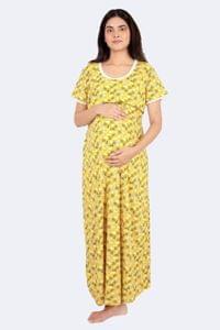Morph Maternity Yellow Heart Printed Feeding Night Gown With Horizontal Nursing Under The Flap.