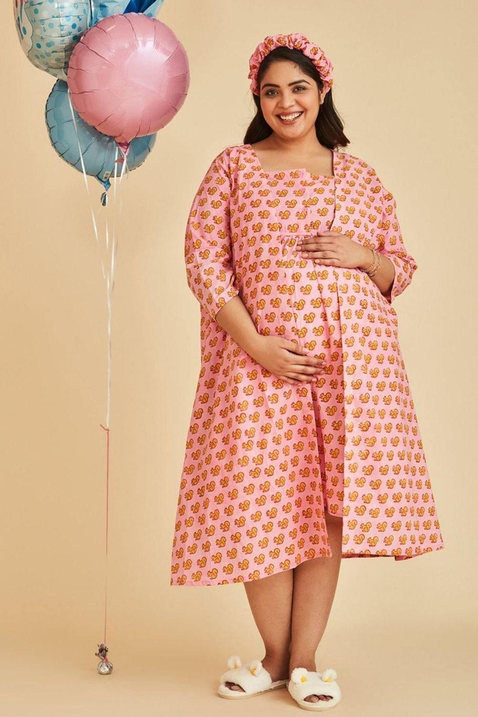 The Mama Project Squirell Pink Dress & Robe Maternity Night Set