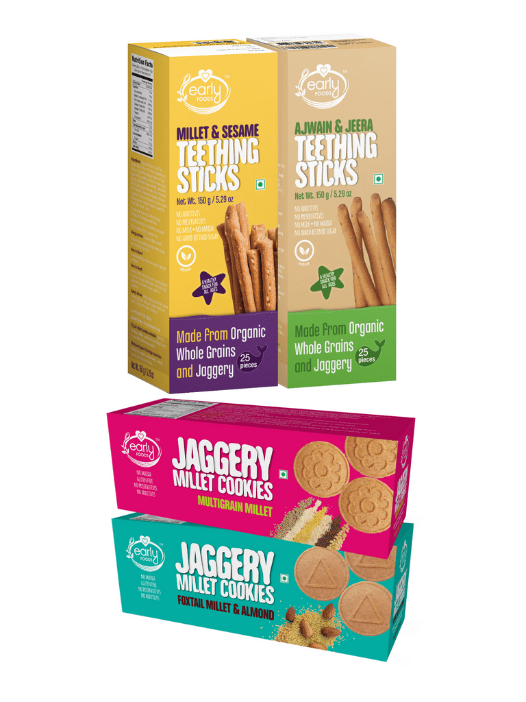 Early Foods Assorted Pack of 4 Organic Kids Snacks (Millet and Ajwain Sticks + Multigrain and Amaranth Cookies)