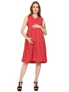 Moms Ever Maternity and Nursing Pre and Post Pregnancy Katha Print Pure Cotton Dress - Red