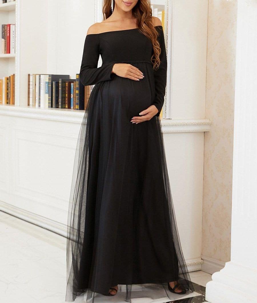 Plum and Peaches Elegant Off Shoulder Black Maternity Dress