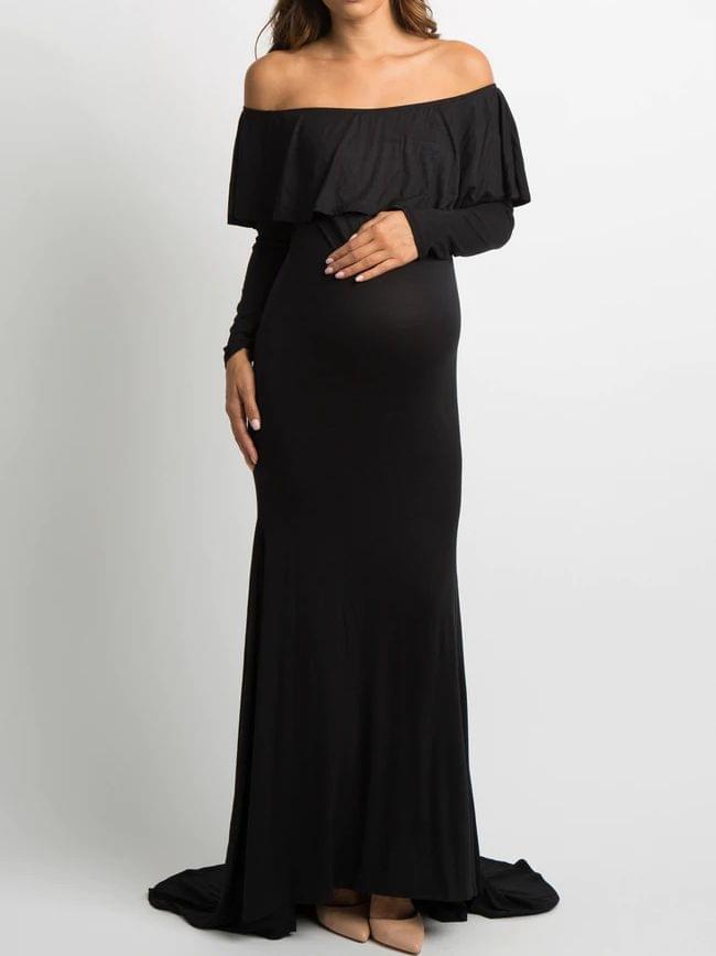 Plum and Peaches Off Shoulder Long Sleeve Maternity Gown with Trail