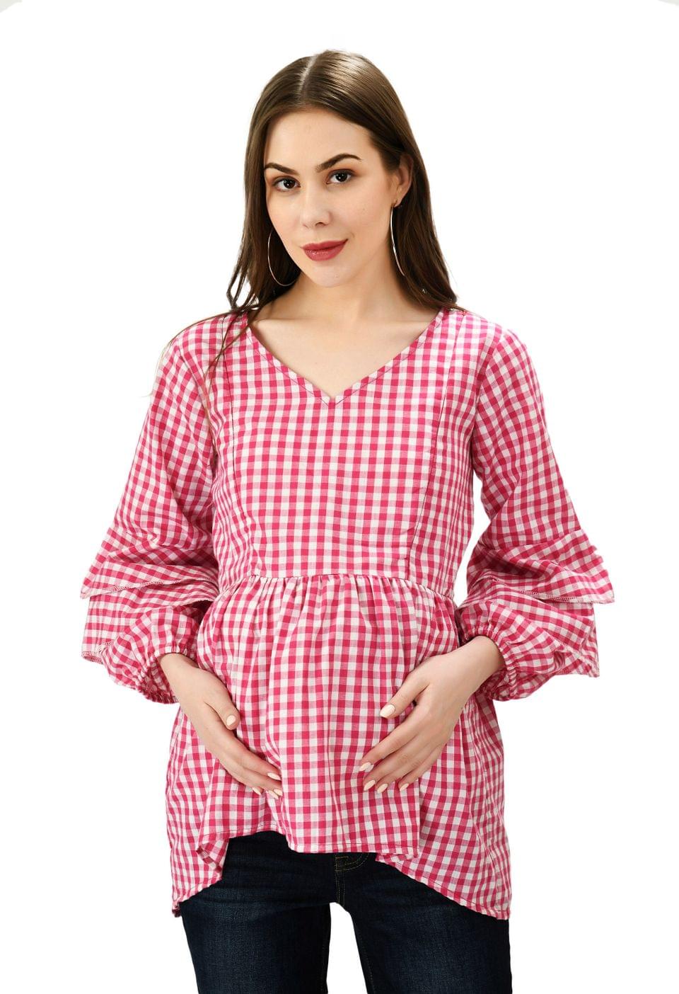Mometernity Pink and White Cotton Check Print Ruffle Sleeves Maternity and Nursing Top