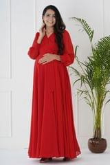 Plum and Peaches Long Sleeve Pleated Maternity Red Gown