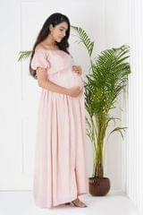 Plum and Peaches Puff Sleeve Off Shoulder Maternity Dress