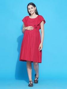 Mine4Nine Women's Red Solid Ruffled Midi Maternity & Nursing dress
