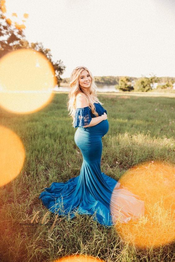 Pretty Blue Mermaid Dress With Ruffle Sleeves Maternity Scarlet Photoshoot or Baby Shower Gown