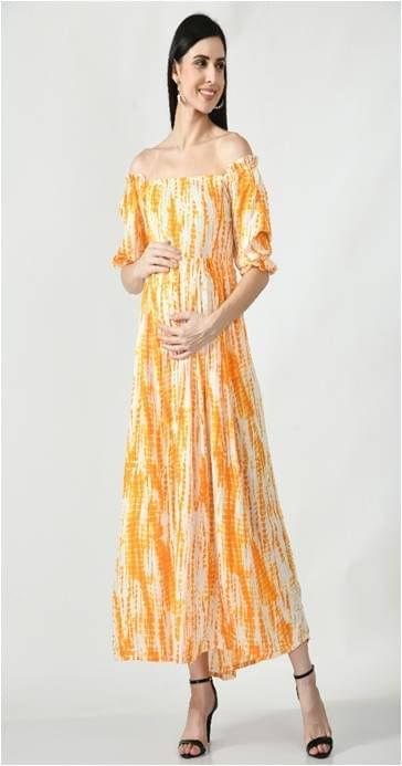 Mometernity Rayon Shibori Print Maternity & Nursing Off Shoulder Maxi  Dress Set of 01- Yellow