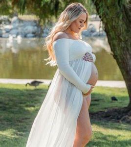 White Lycra Off Shoulder Maternity Gown