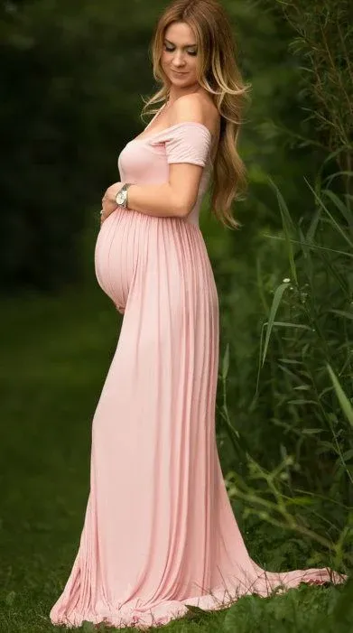 Light Pink Off Shoulder With Sleeves Chiffon Side Slit Gown Maternity Wear Photoshoot or Baby Shower Gown