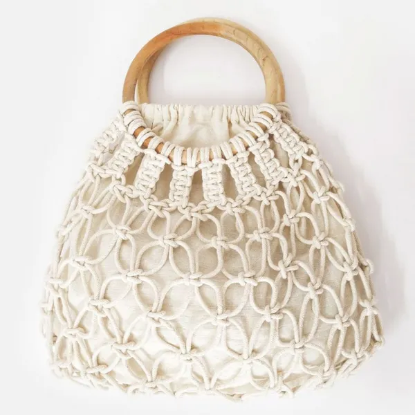 Handmade Macramé Boho Bag with Wooden Handle