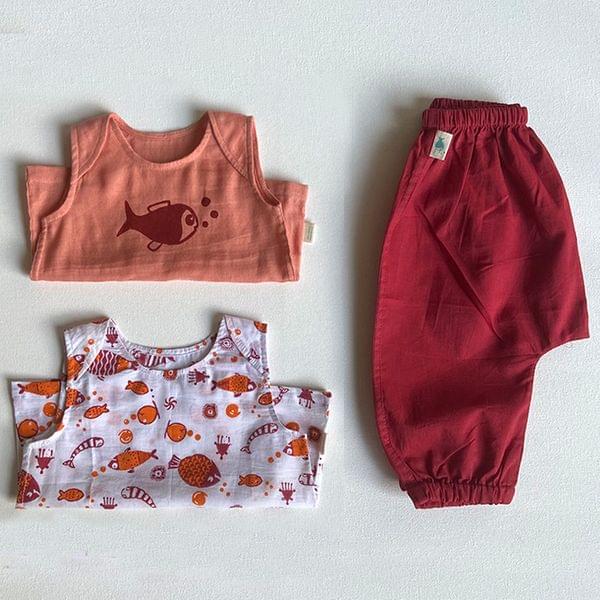 Koi Jhabla Bag - Koi Red & Peach Jhabla + Red Pants