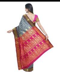 Grey and Pink Banarasi Soft Silk Saree with woven Zari