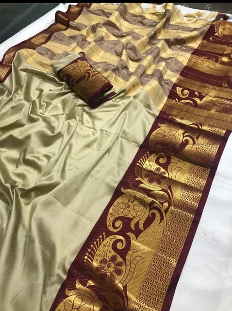Pure Banarasi Cotton Silk with Zari border- fawn and Maroon