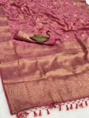 Bishnupuri  Bengal Silk Saree with all over zari jaal weaving - heavy aanchal and border/ Bubblegum Pink