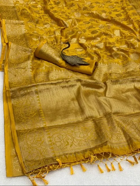 Bishnupuri Bengal Silk Saree with all over zari Jaal work- heavy aanchal and border /Yellow
