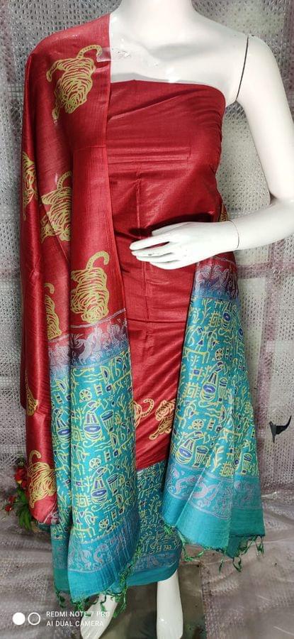 Pure Katan Silk Unstitched Salwar suit with silk mark ; red and blue