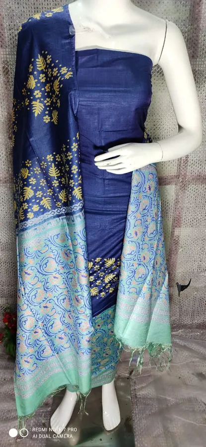 Pure Katan Silk Unstitched Salwar Suit fabric with Silk Mark; Navy Blue with firoza