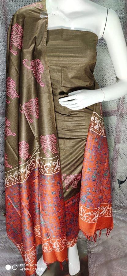 Pure Katan Silk Unstitched Salwar Suit Fabric with Silk Mark; Sap Green with Orange