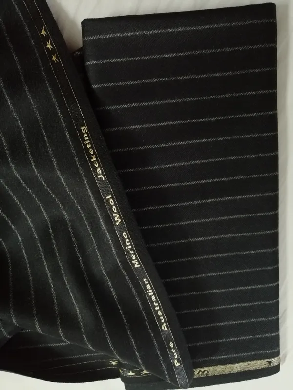Black with Grey stripes Pure Merino Wool Coat Length; Made in England