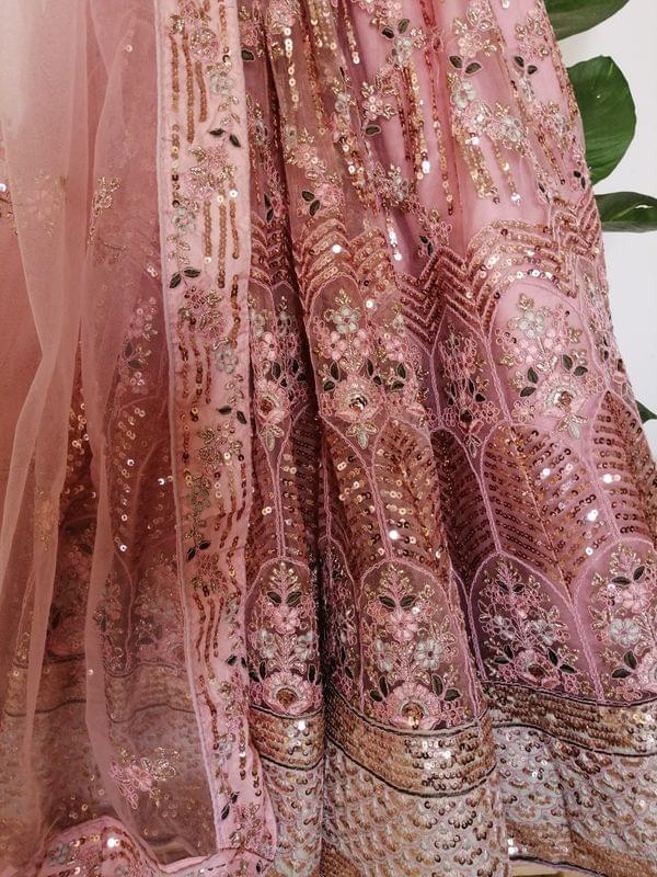 Light Peach Pink Net Lehenga with Beautiful Embroidery in Sequence, Resham and Zari.