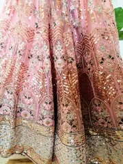 Light Peach Pink Net Lehenga with Beautiful Embroidery in Sequence, Resham and Zari.