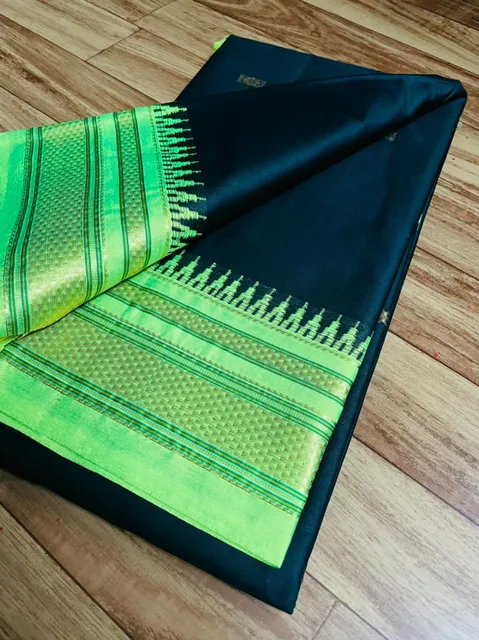Irkal Paithani Pure Cotton Silk Saree - Black with Fluorescent Green Border and Aanchal