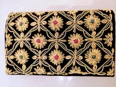 Zardozi Black Velvet Clutch with Beautiful Zardozi Work & Semi Precious stones